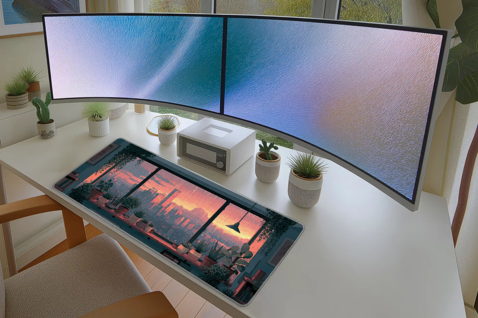 Lifestyle desk mockup of Pink Sunset City Desk Mat | Rainy Window Plants with keyboard and mouse layout