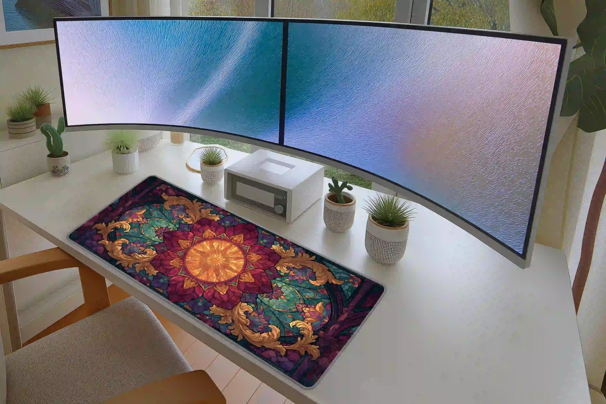 Jewel Tone Floral Stained Glass Mandala Desk Mat