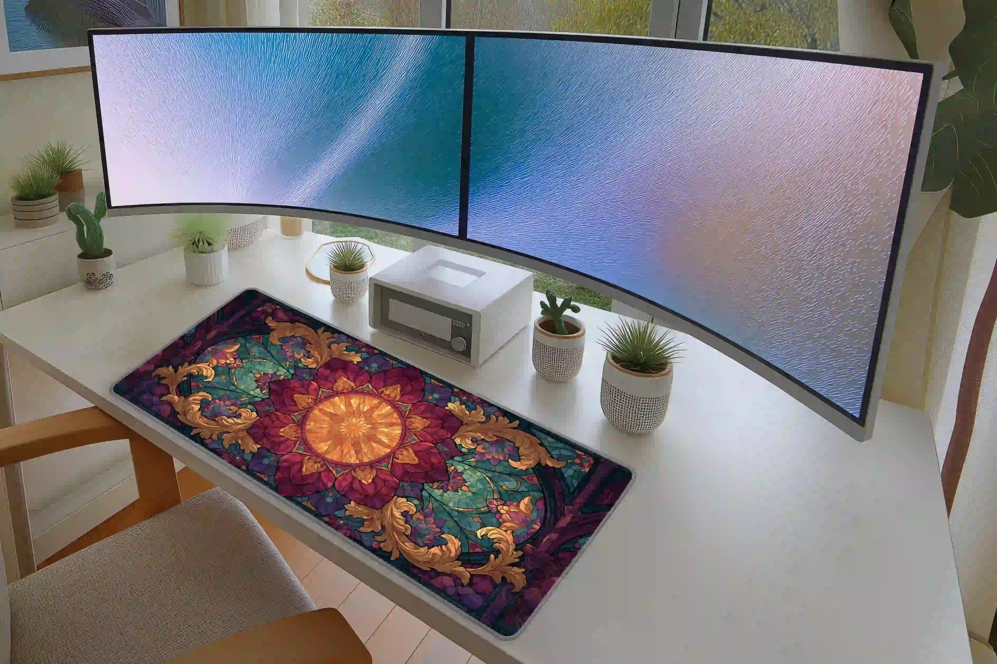 Jewel Tone Floral Stained Glass Mandala Desk Mat