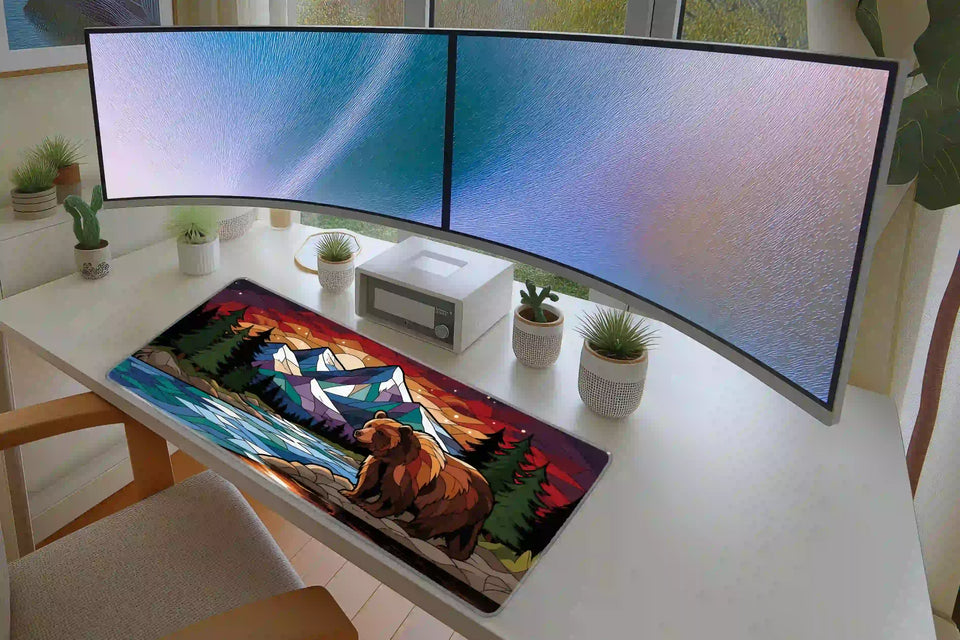 Stained glass bear mountain landscape mouse pad in a full student or gaming desk setup