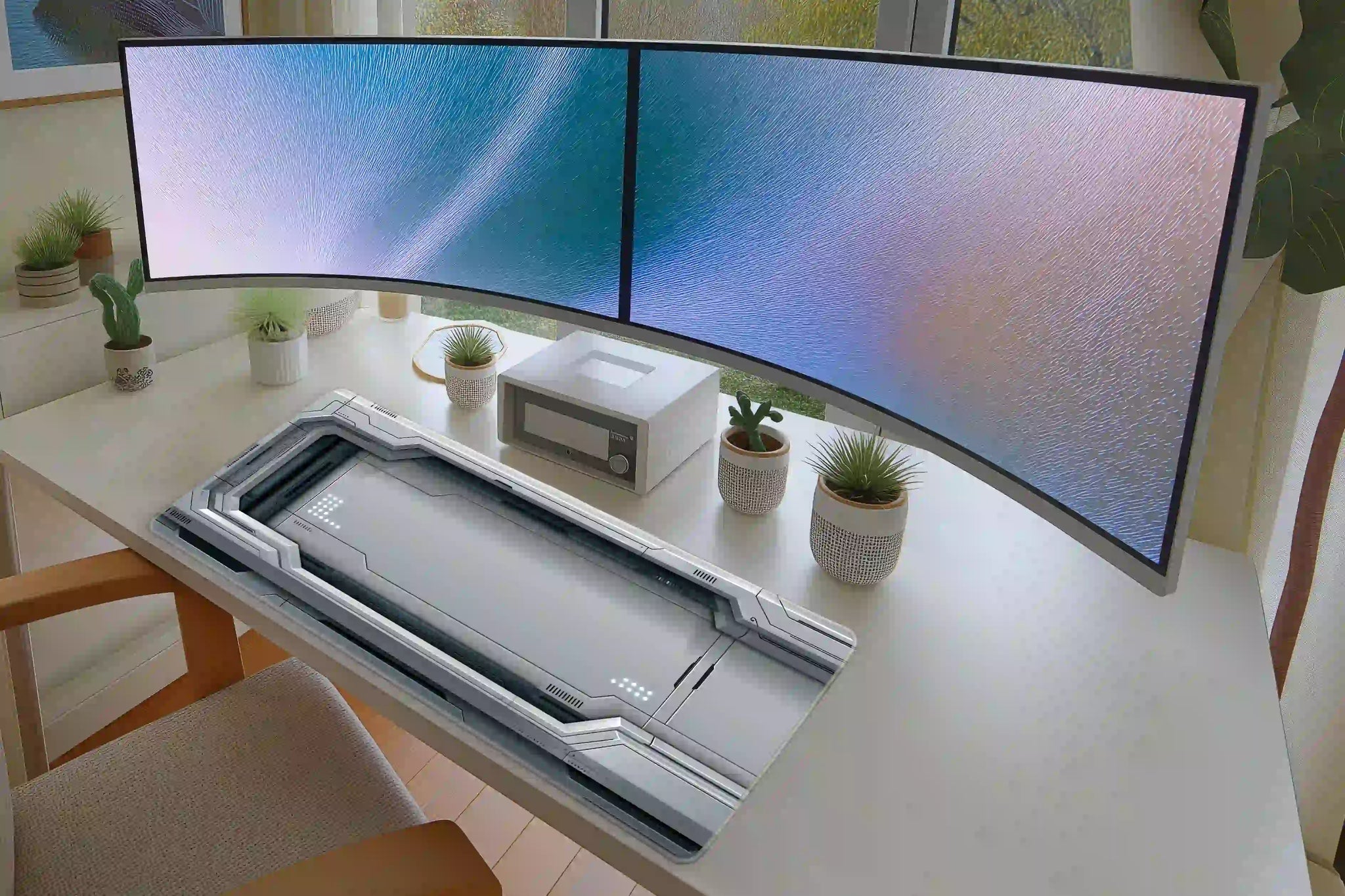 Full desk setup with the white sci-fi futuristic tech panel mat beneath a keyboard and mouse