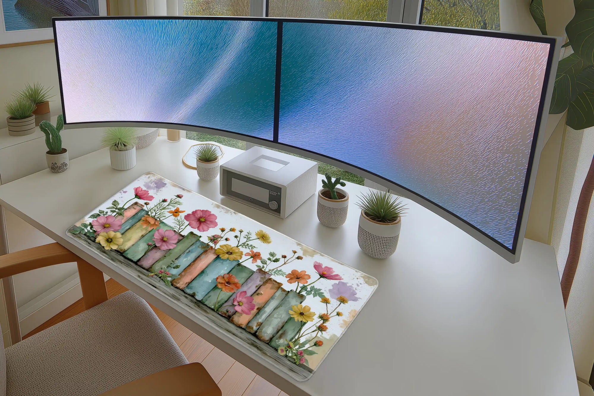 Lifestyle desk mockup of Watercolor Floral Books Desk Mat | Pastel Wildflowers with keyboard and mouse layout