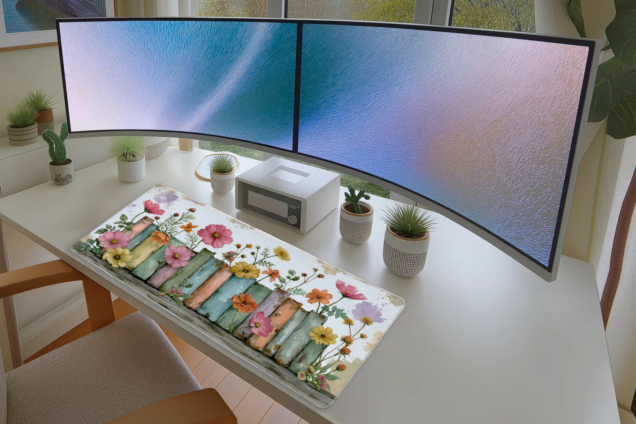 Lifestyle desk mockup of Watercolor Floral Books Desk Mat | Pastel Wildflowers with keyboard and mouse layout