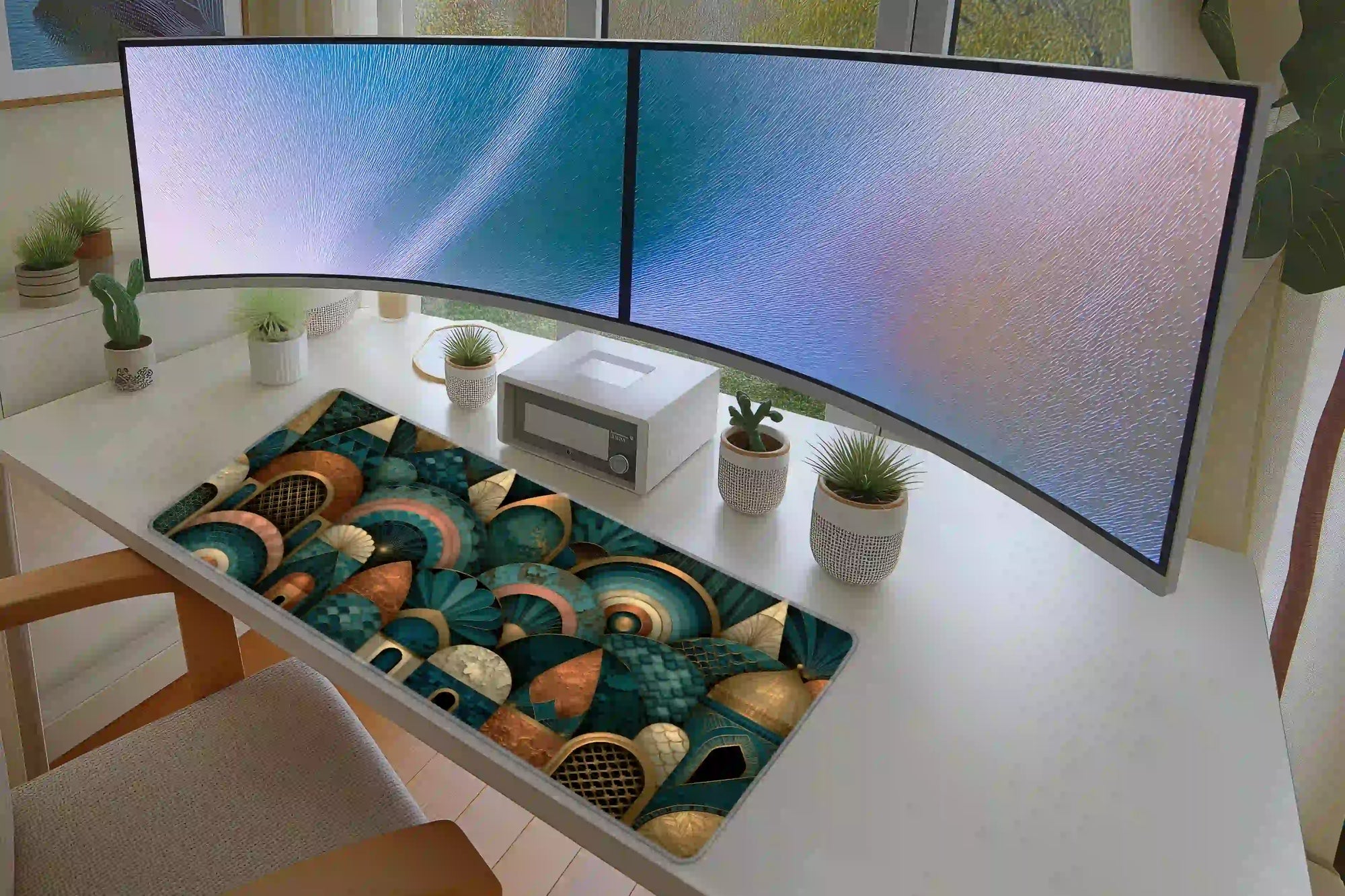 Teal Gold Art Deco Fantasy City Geometric Desk Mat