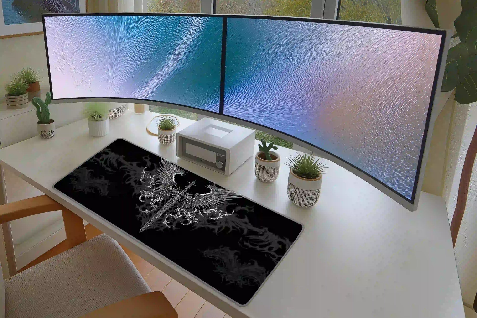 Gothic winged sword black and silver desk mat arranged in a keyboard and mouse gaming layout