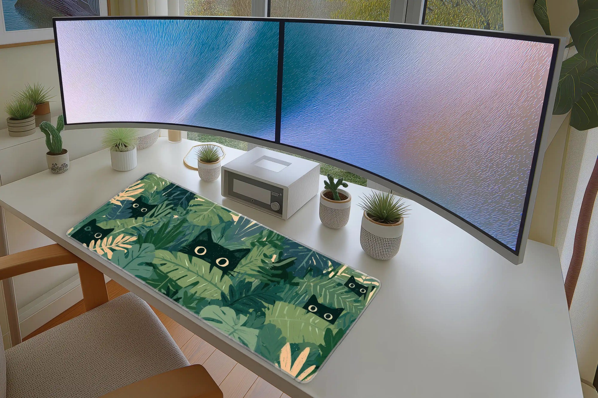 Black Cat Jungle Tropical Leaf mouse pad showing stitched edge detail