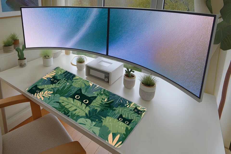 Black Cat Jungle Tropical Leaf mouse pad showing stitched edge detail