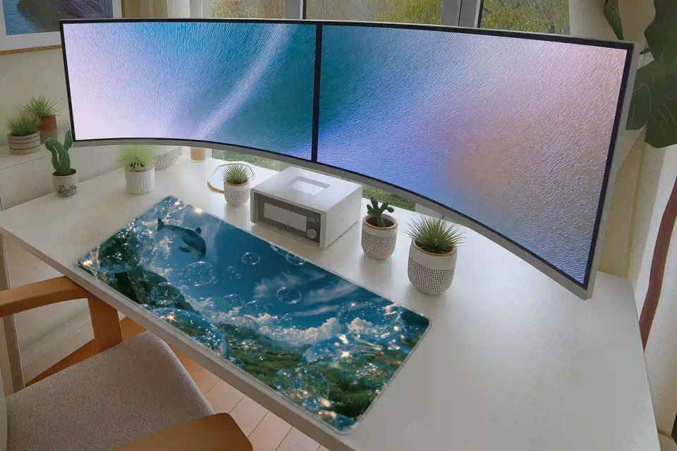 Frutiger Aero Dolphin Bubble desk mat in a full desk setup with a keyboard and mouse layout