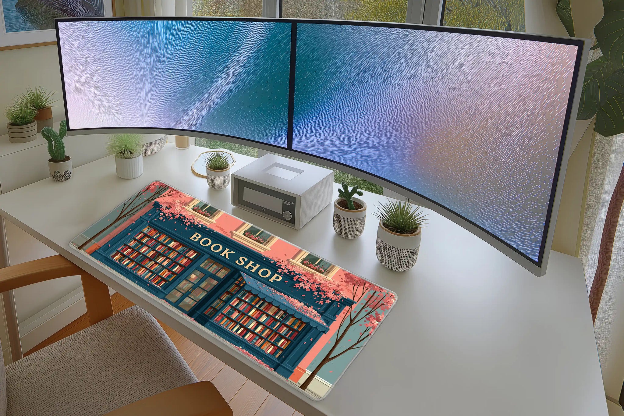 Lifestyle desk mockup of Cherry Blossom Bookshop Desk Mat | Blue Storefront with keyboard and mouse layout