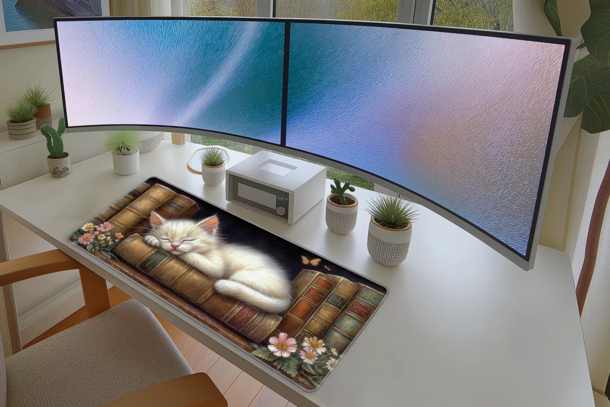 Sleeping Kitten Books Desk Mat | Library Mouse Pad in a full desk setup with keyboard, mouse, and office accessories