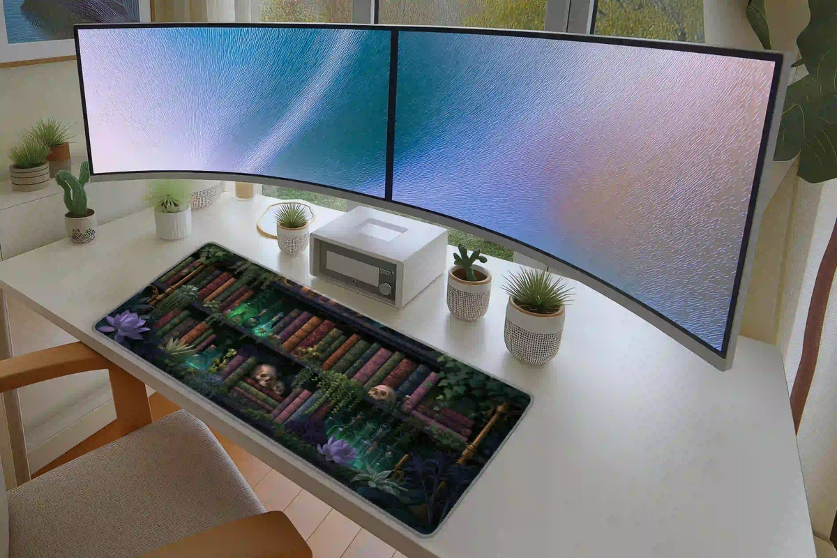 Apothecary library desk mat beneath two monitors, with illustrated books, green bottles and purple flowers