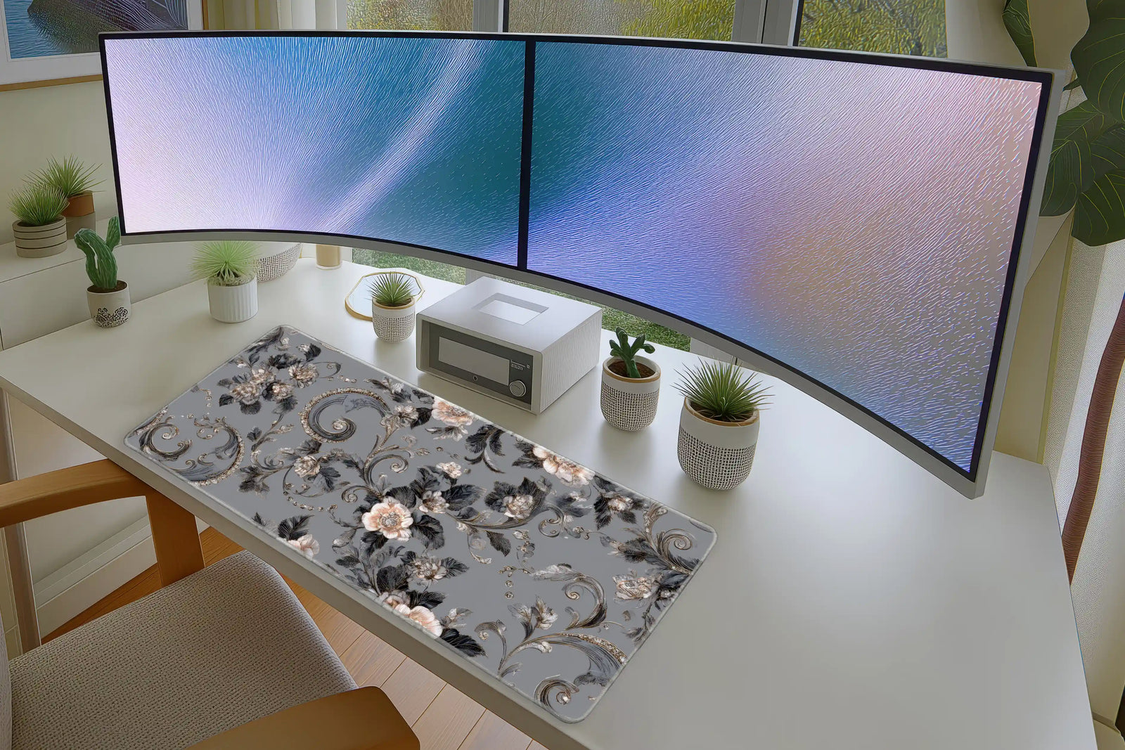 Elegant Baroque Floral Mousepad – Grey & Gold Rose Pattern