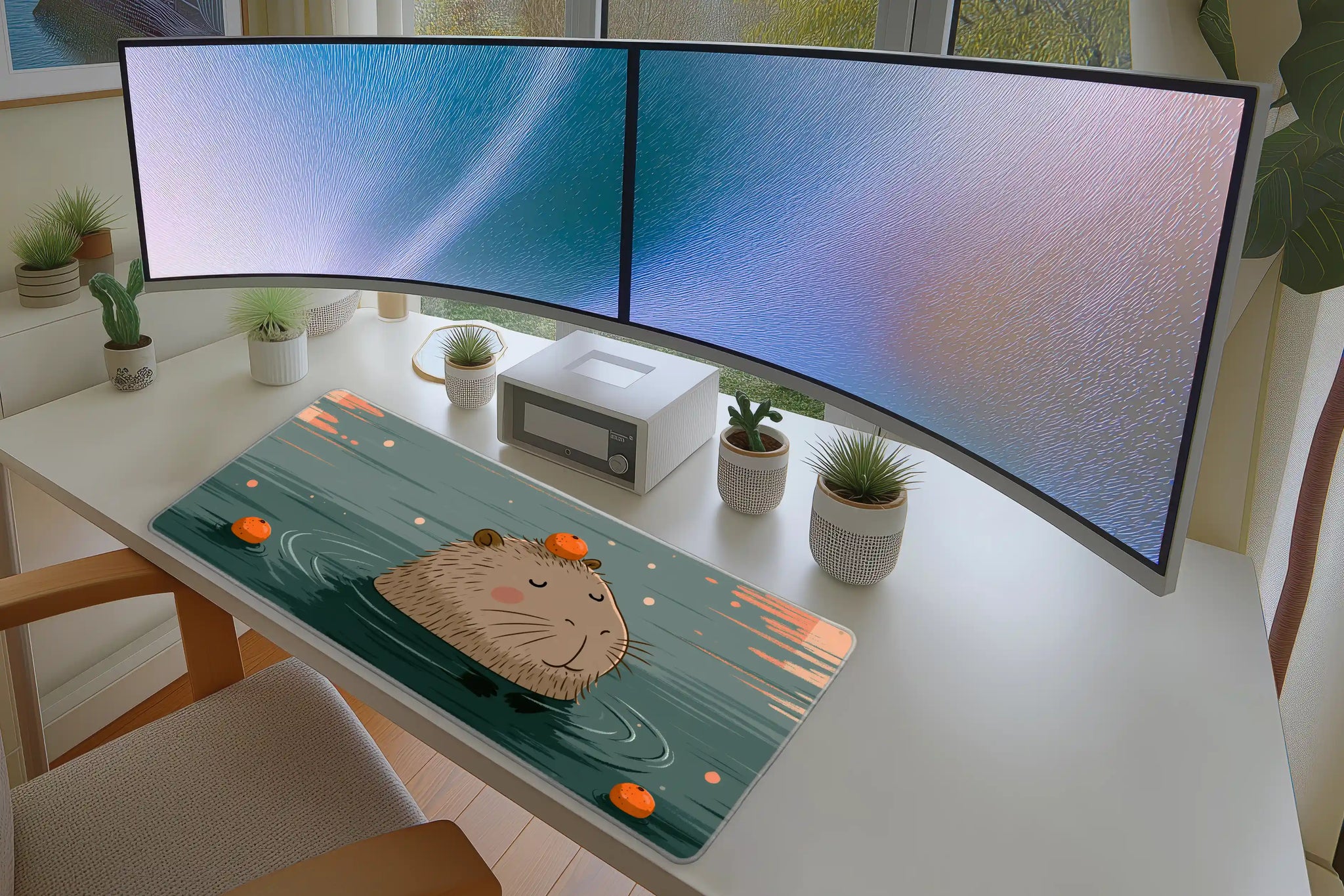 Relaxed Capybara Bath Sunset Soak mouse pad showing stitched edge detail
