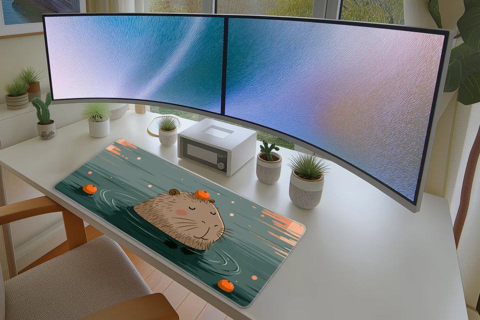 Relaxed Capybara Bath Sunset Soak mouse pad showing stitched edge detail