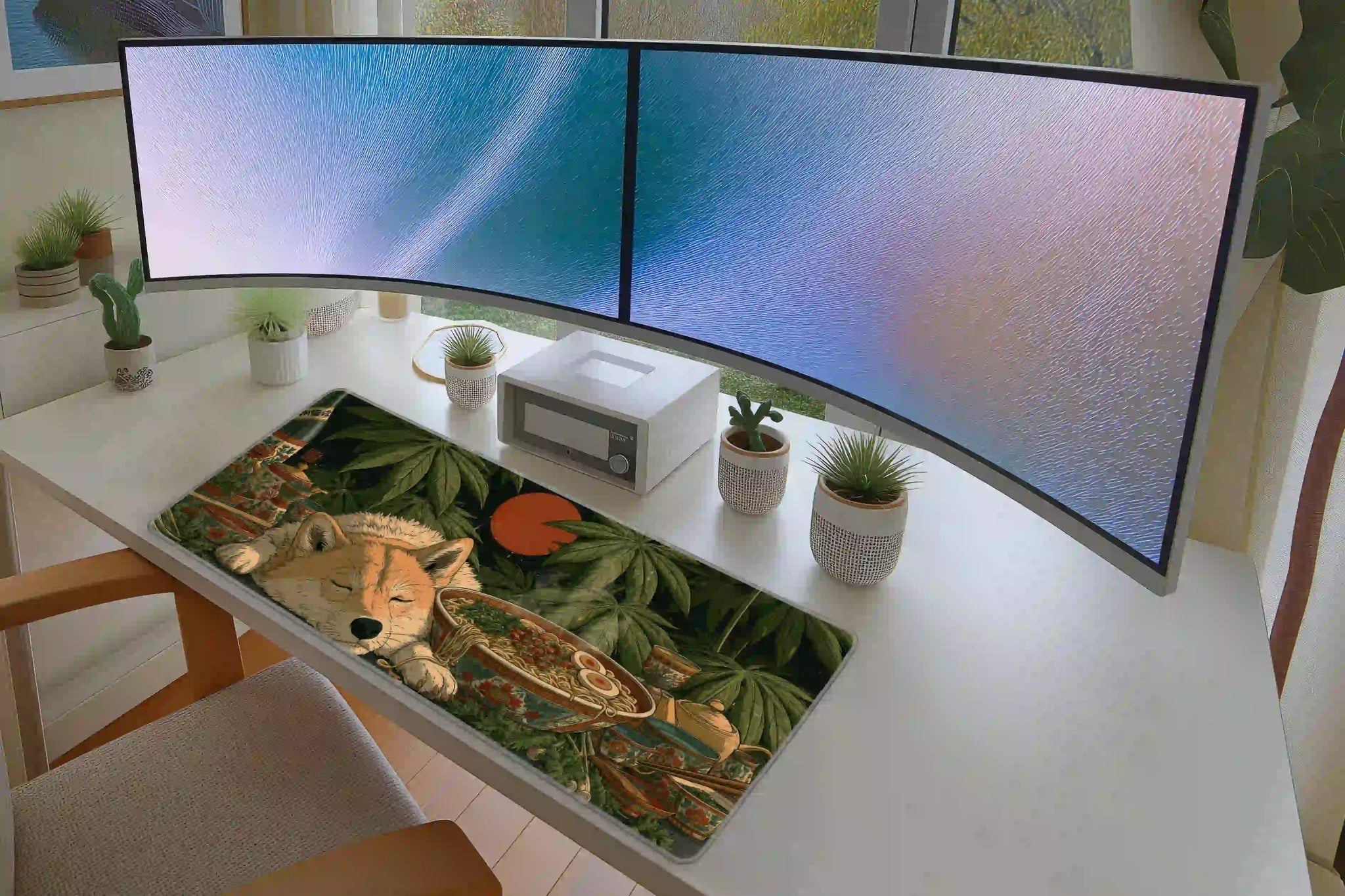 Office desk setup featuring the sleeping Shiba Inu ramen garden extended mouse pad