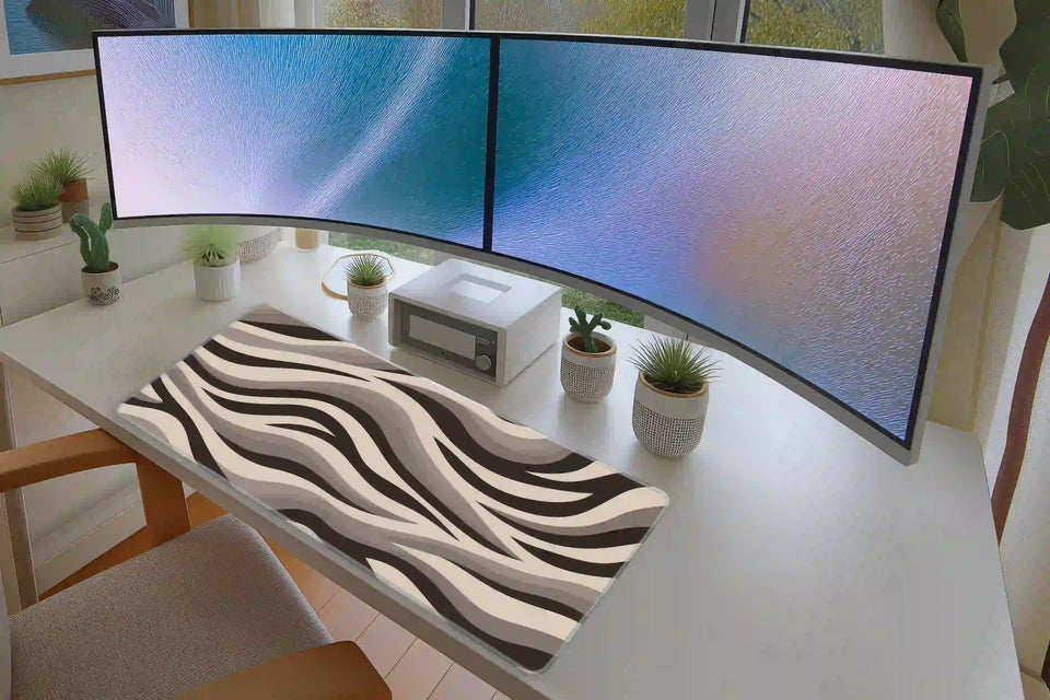Neutral Zebra Print desk mat in a full desk setup with a keyboard and mouse layout