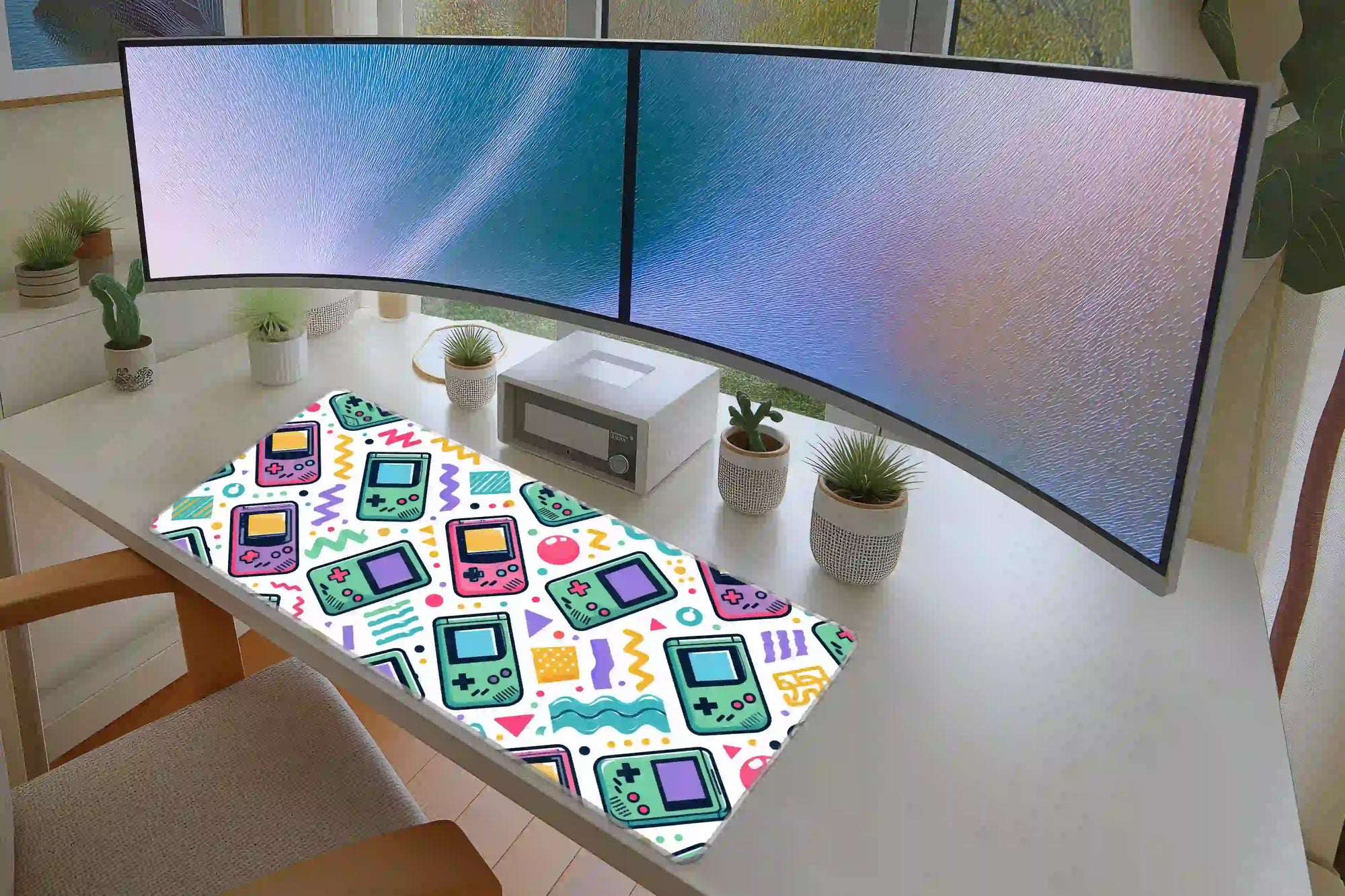 Pastel Handheld Gaming desk mat in a full desk setup with a keyboard and mouse layout
