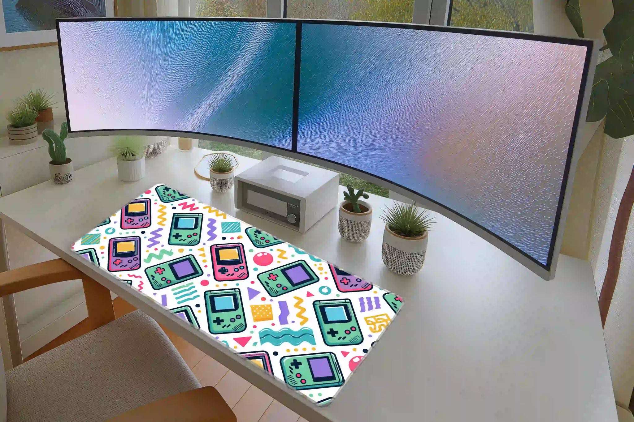 Pastel Handheld Gaming desk mat in a full desk setup with a keyboard and mouse layout