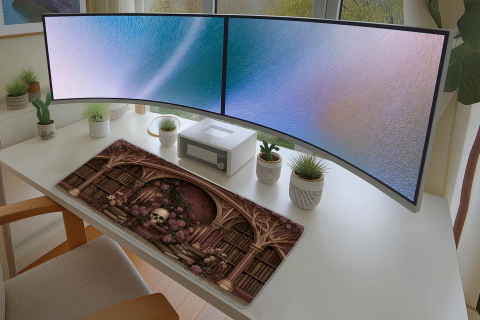 Gothic Rose Library – Skull Candles desk mat artwork and product view
