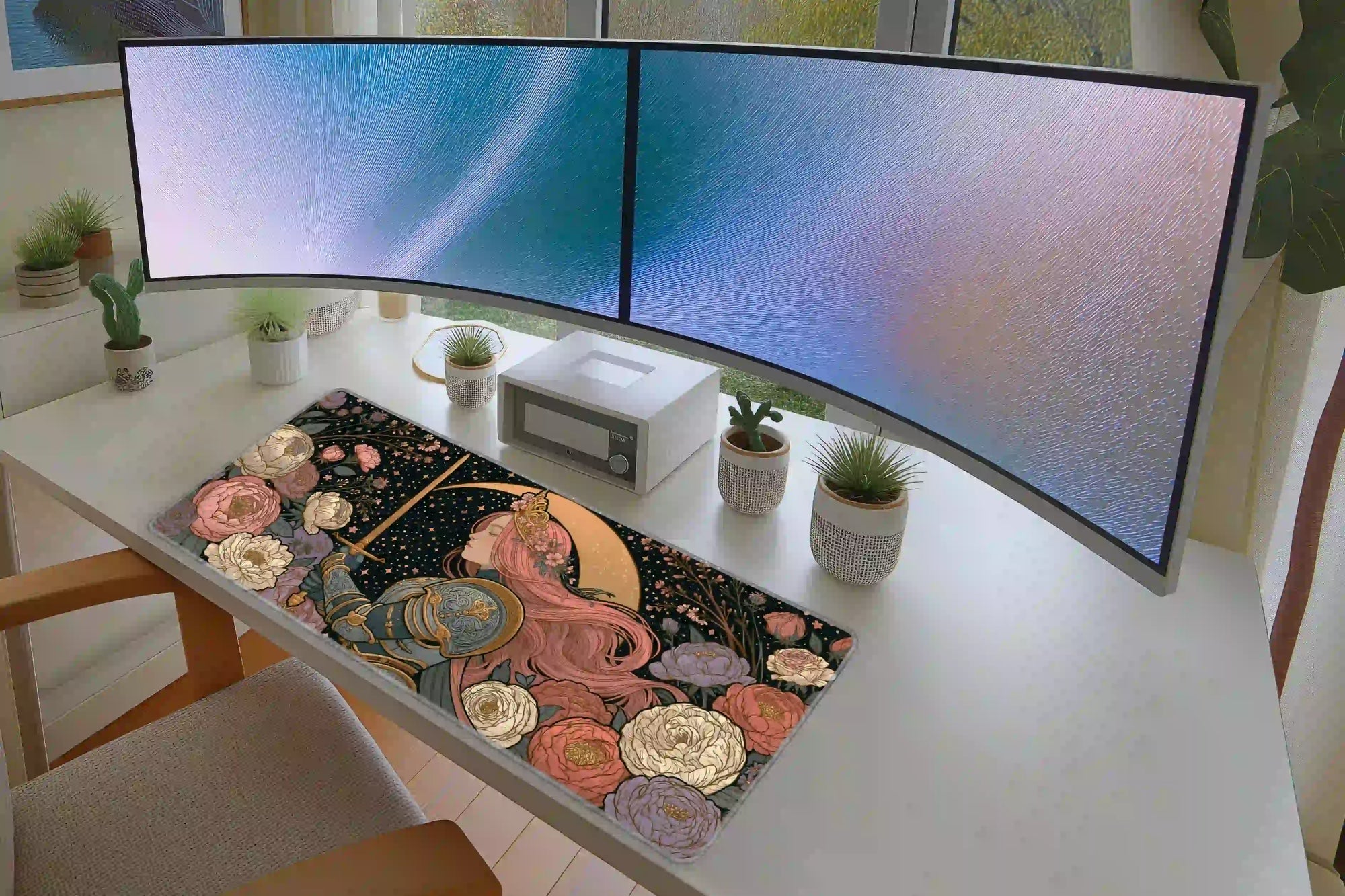 Pink-Haired Moon Female Knight Floral Fantasy Desk Mat