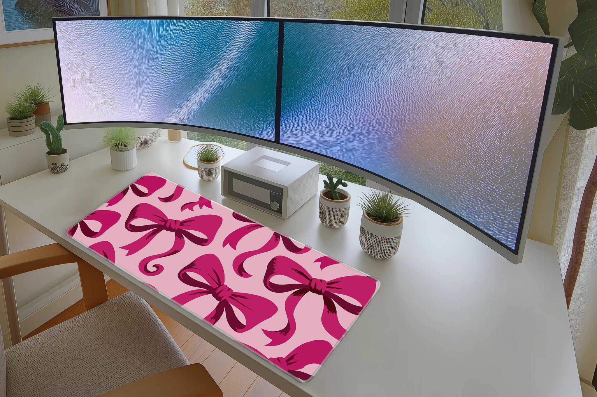 Hot Pink Bow Oversized Ribbon mouse pad showing stitched edge detail