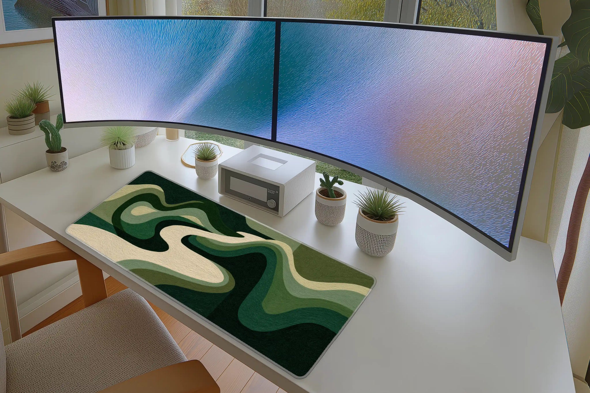 Abstract Green River desk mat wide surface for a keyboard and mouse layout