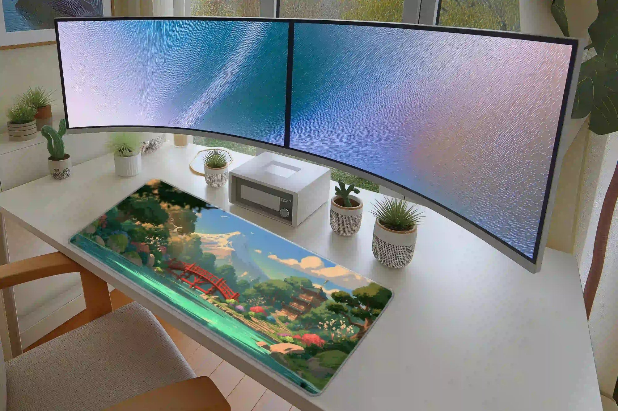 Mount Fuji Garden extended mouse pad completing a home office desk setup