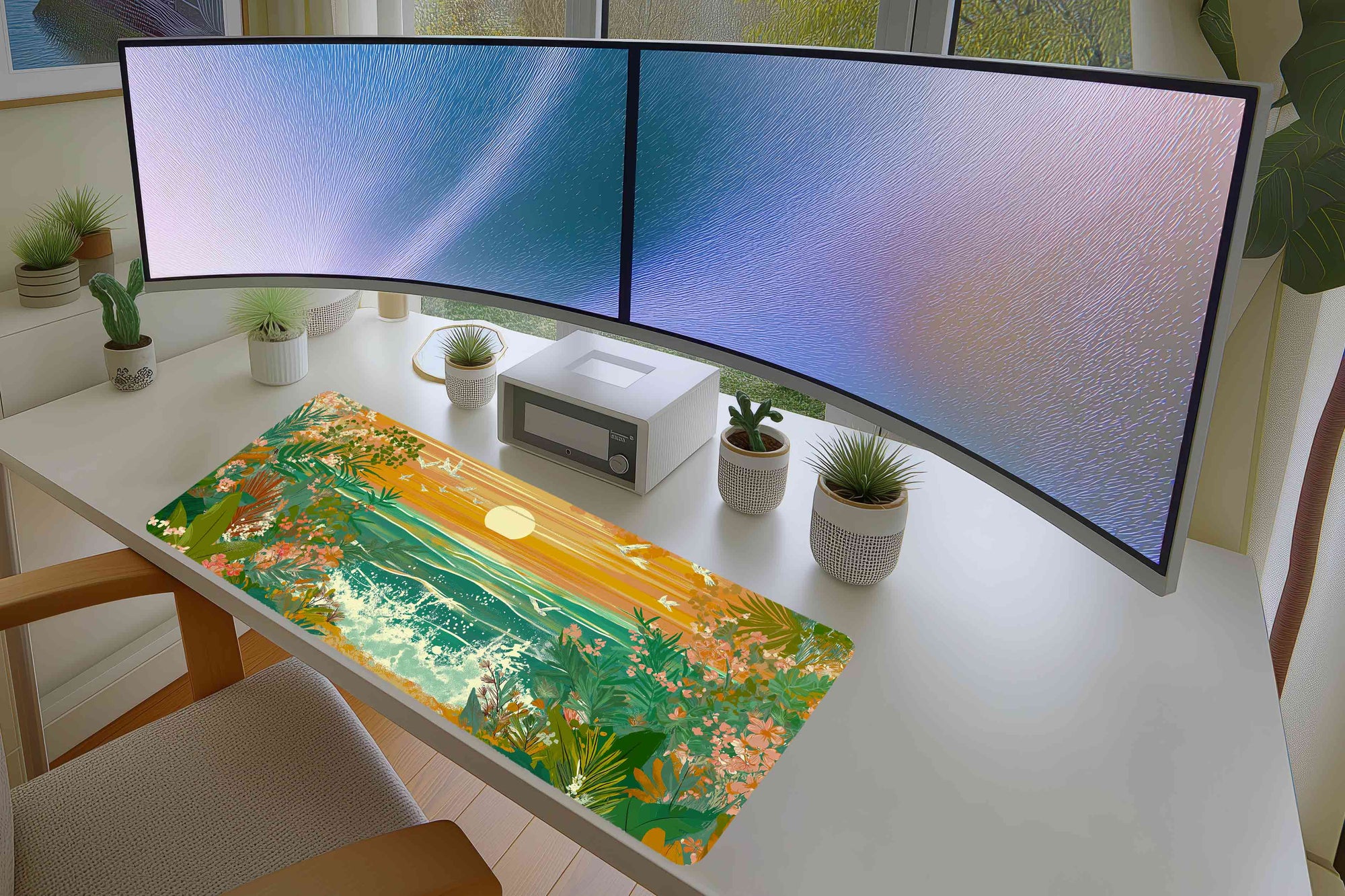 Tropical Sunset Beach Mousepad – Ocean Waves & Floral Art