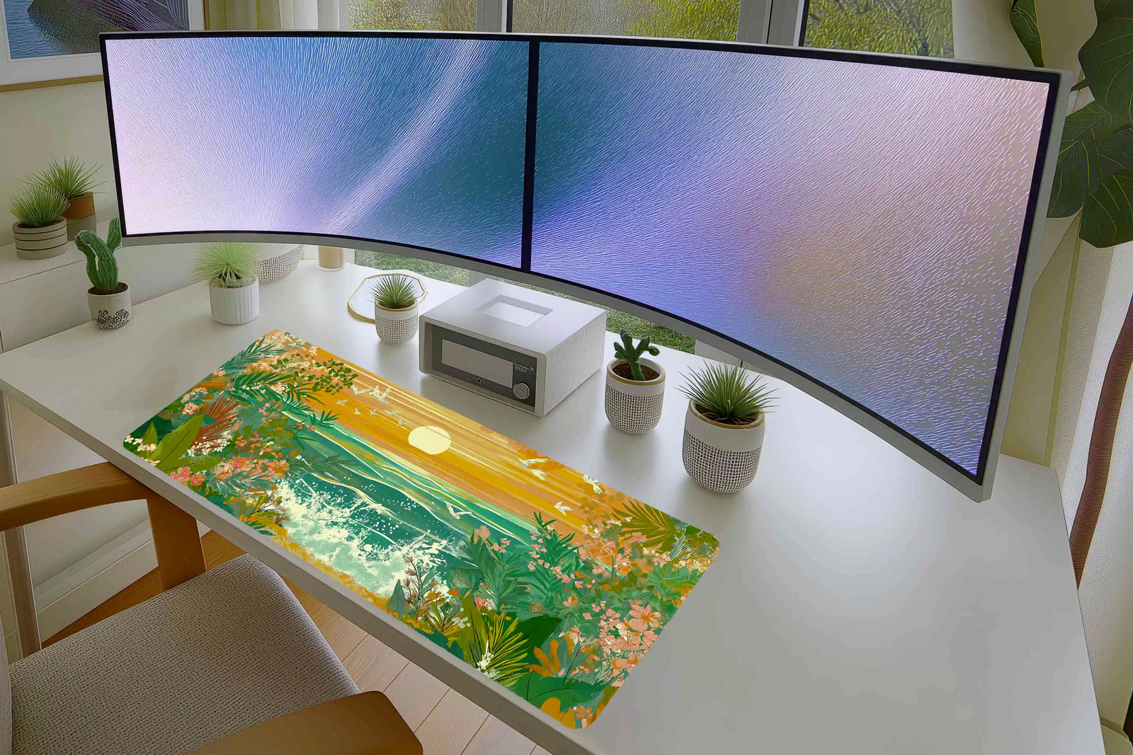 Tropical Sunset Beach Mousepad – Ocean Waves & Floral Art