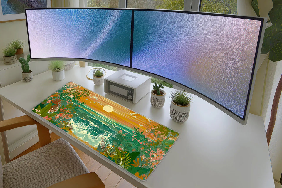 Tropical Sunset Beach Mousepad – Ocean Waves & Floral Art