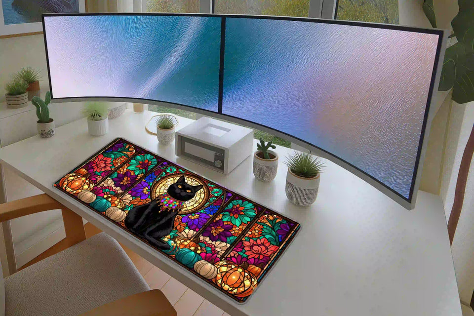 Keyboard and mouse workspace styled with the black cat stained glass autumn pumpkin desk mat