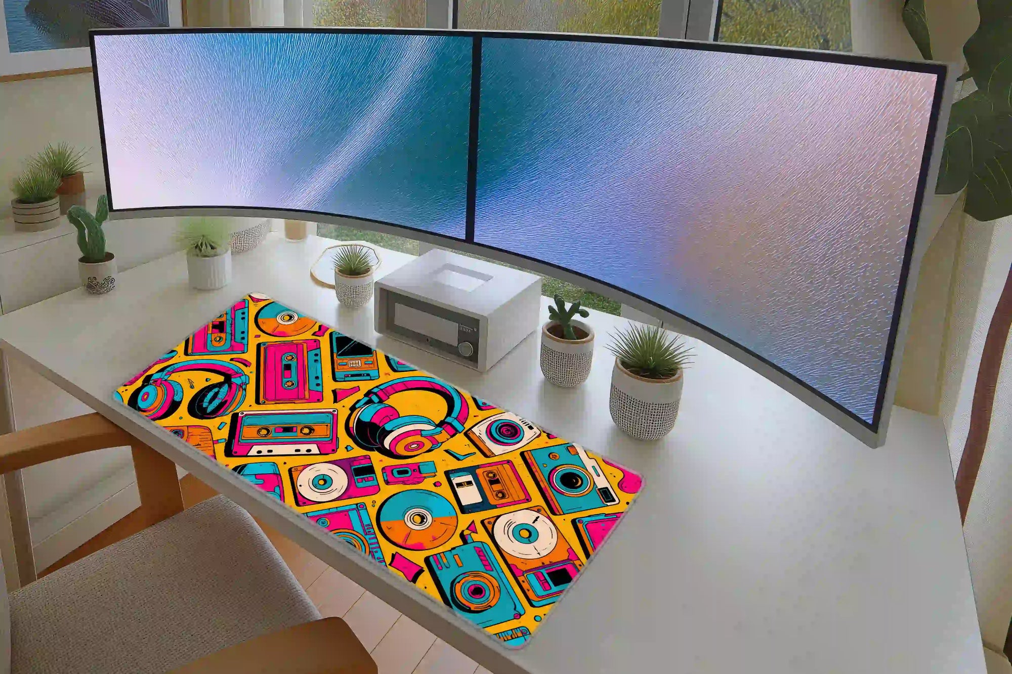 Neon 90s Cassette desk mat in a full desk setup with a keyboard and mouse layout