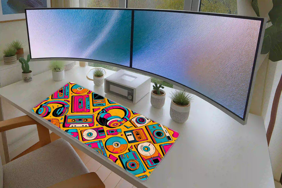 Neon 90s Cassette desk mat in a full desk setup with a keyboard and mouse layout