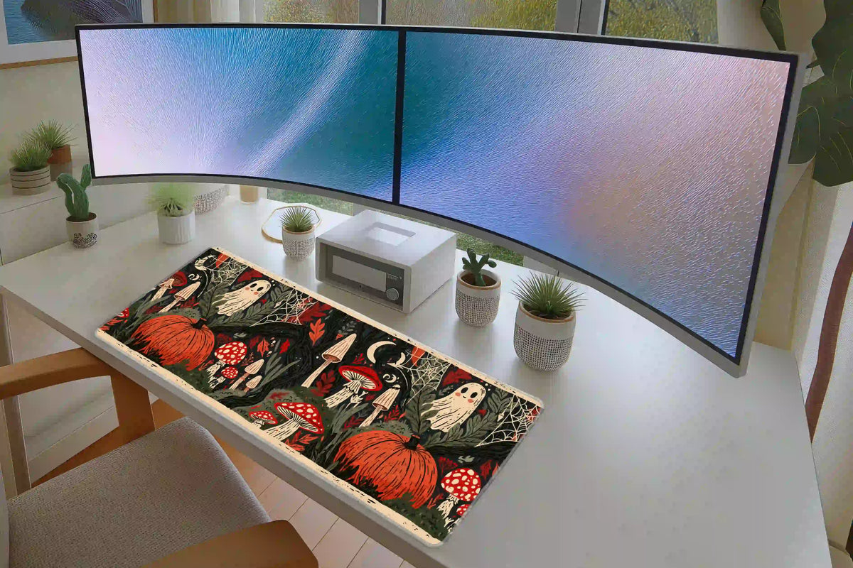 Ghost, pumpkin and mushroom Halloween desk mat in a white desk setup beneath two monitors and potted plants