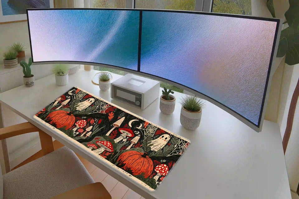 Ghost, pumpkin and mushroom Halloween desk mat in a white desk setup beneath two monitors and potted plants