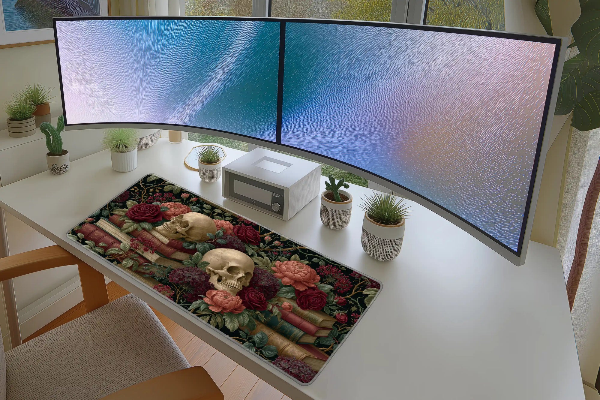 Lifestyle desk mockup of Gothic Skull Floral Desk Mat | Rose Book Stack with keyboard and mouse layout
