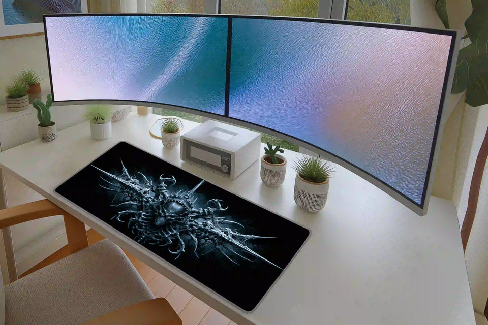 Gothic biomechanical skull crest mouse pad in a full student or gaming desk setup