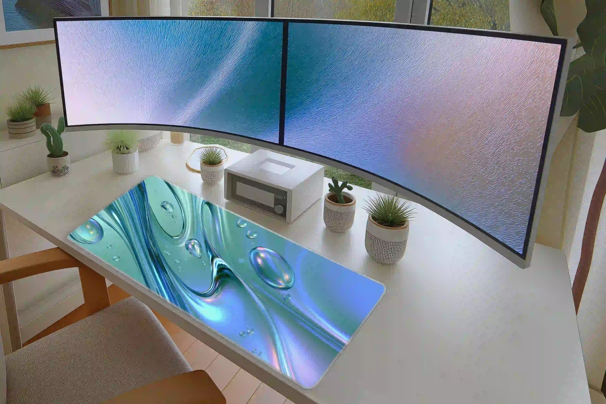 Aqua Liquid Chrome desk mat in a full desk setup with a keyboard and mouse layout