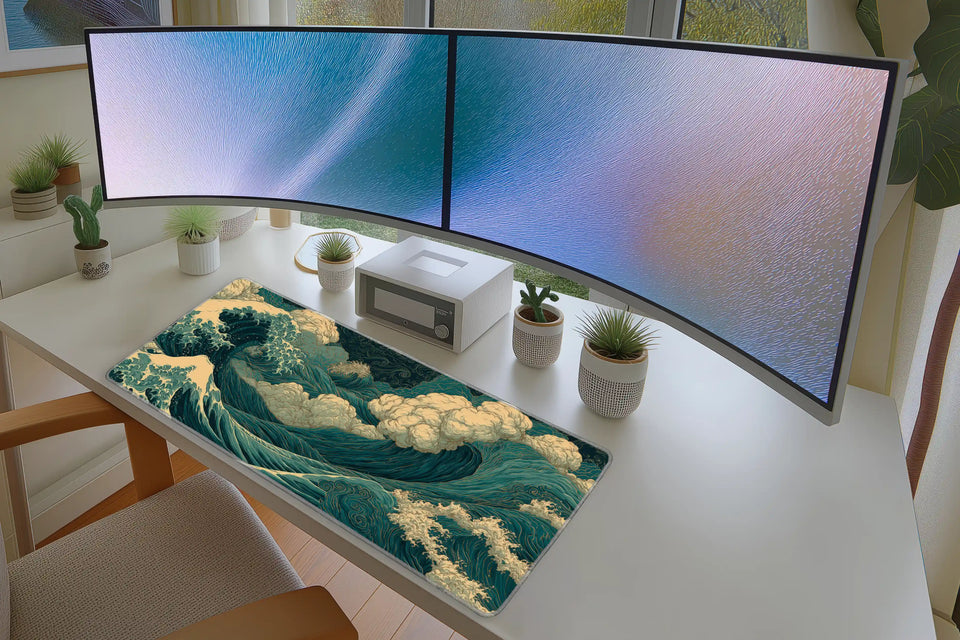 Stormy Ocean Wave Desk Mat | Japanese Sea Mouse Pad in a full desk setup with keyboard, mouse, and office accessories