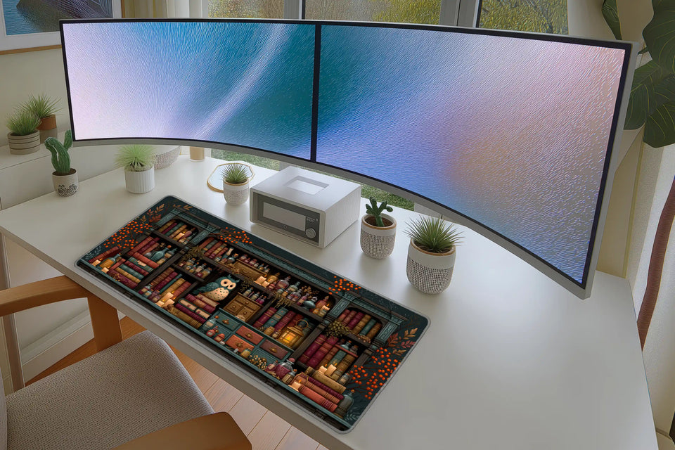 Lifestyle desk mockup of Mystic Owl Apothecary Desk Mat | Potion Shelf with keyboard and mouse layout