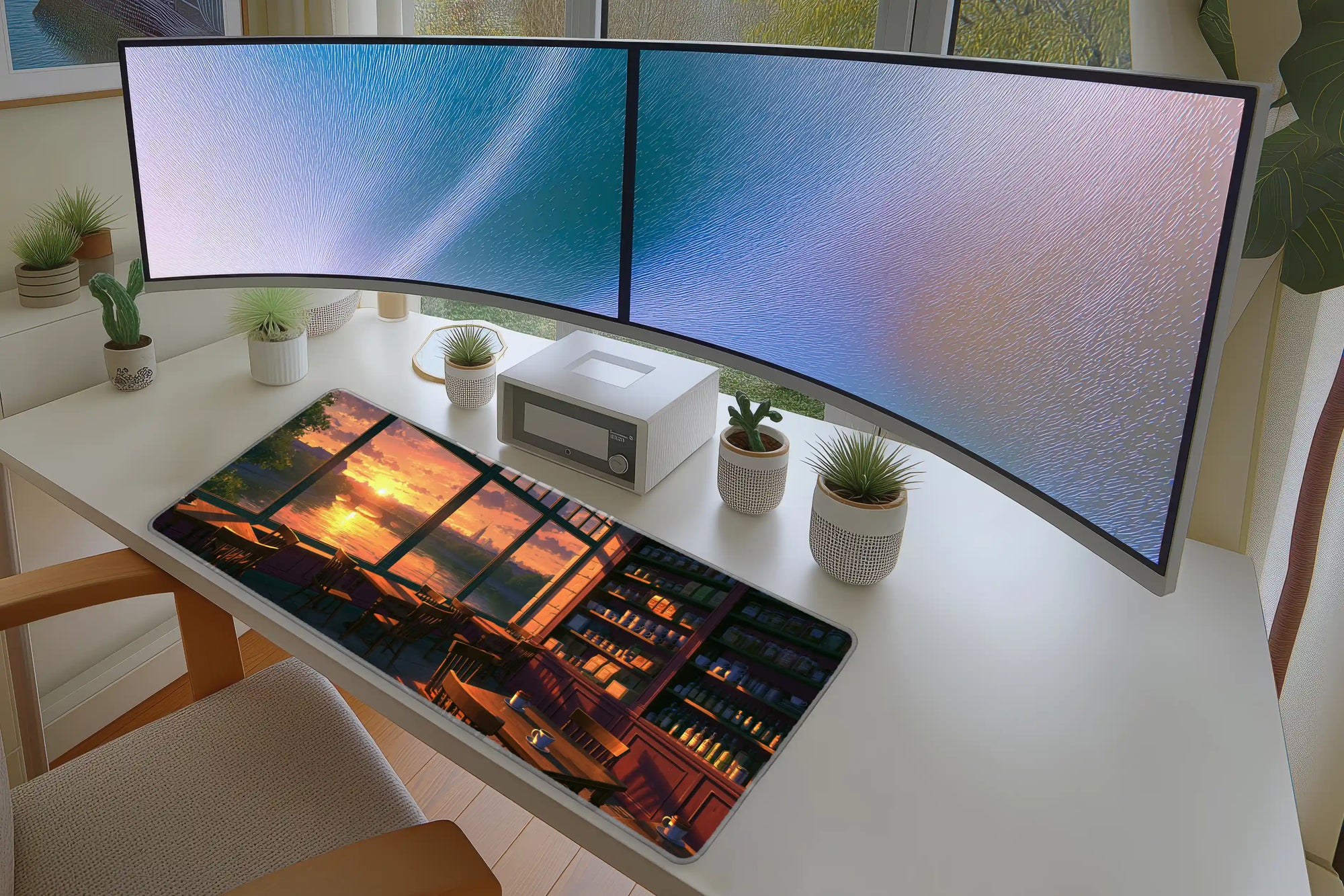 Golden Riverside Cafe Desk Mat | Sunset Mouse Pad in a full desk setup with keyboard, mouse, and office accessories