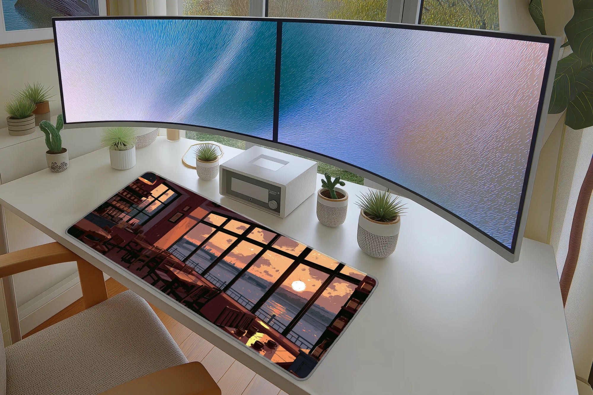 Sunset Cafe Window Desk Mat | River View Mouse Pad in a full desk setup with keyboard, mouse, and office accessories