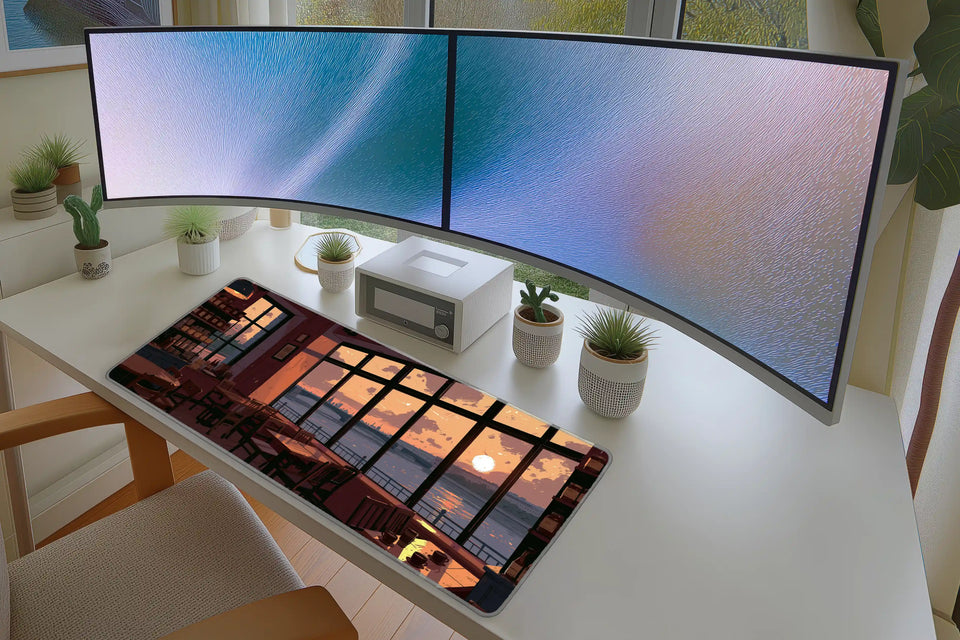 Sunset Cafe Window Desk Mat | River View Mouse Pad in a full desk setup with keyboard, mouse, and office accessories