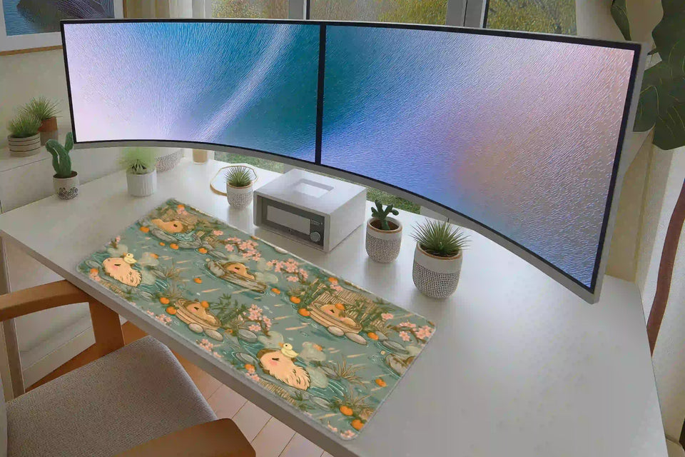 Full desk setup with the cute capybara onsen hot spring mat beneath a keyboard and mouse