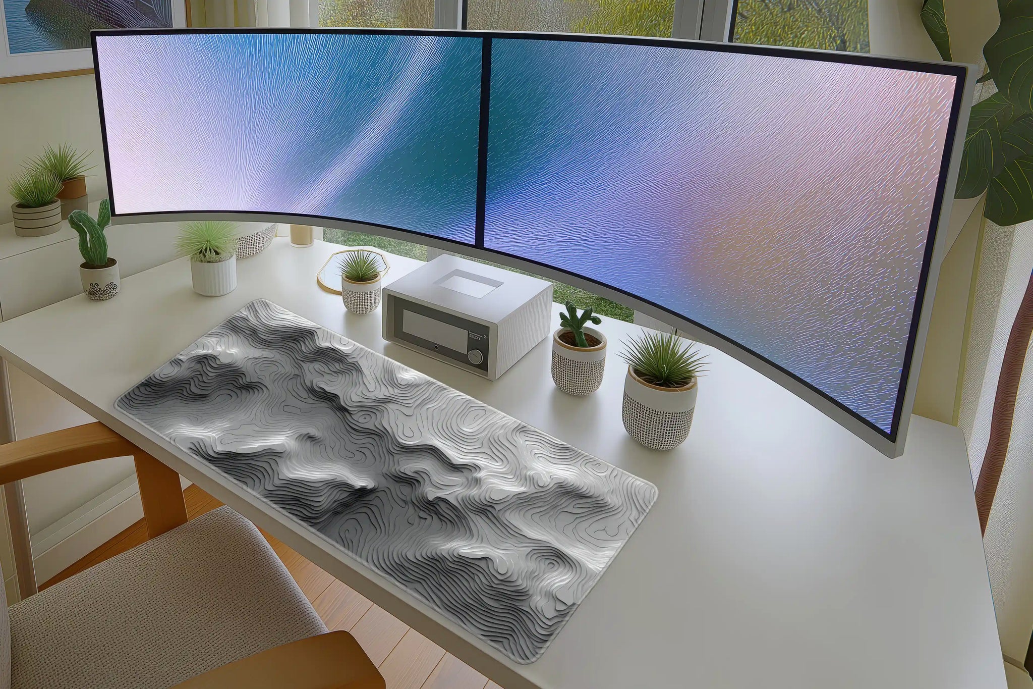 Monochrome Topographic Desk Mat – Minimal Contour Line Art Design