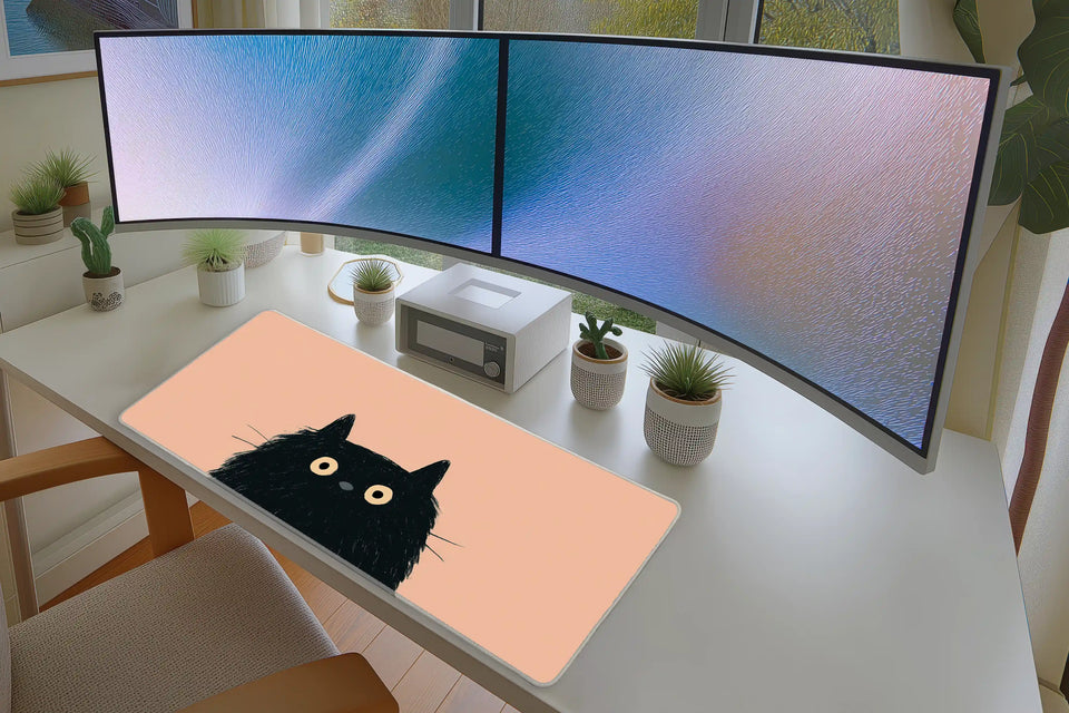 Minimal Black Cat Peach Funny Cat mouse pad showing stitched edge detail