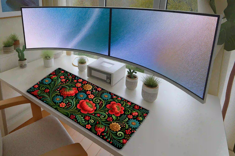 Faux Embroidery Floral desk mat in a full desk setup with a keyboard and mouse layout