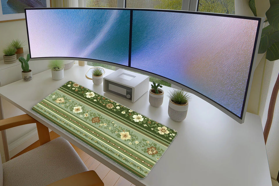 Vintage Green Floral Desk Mouse Pad – Botanical Aesthetic Desk Mat