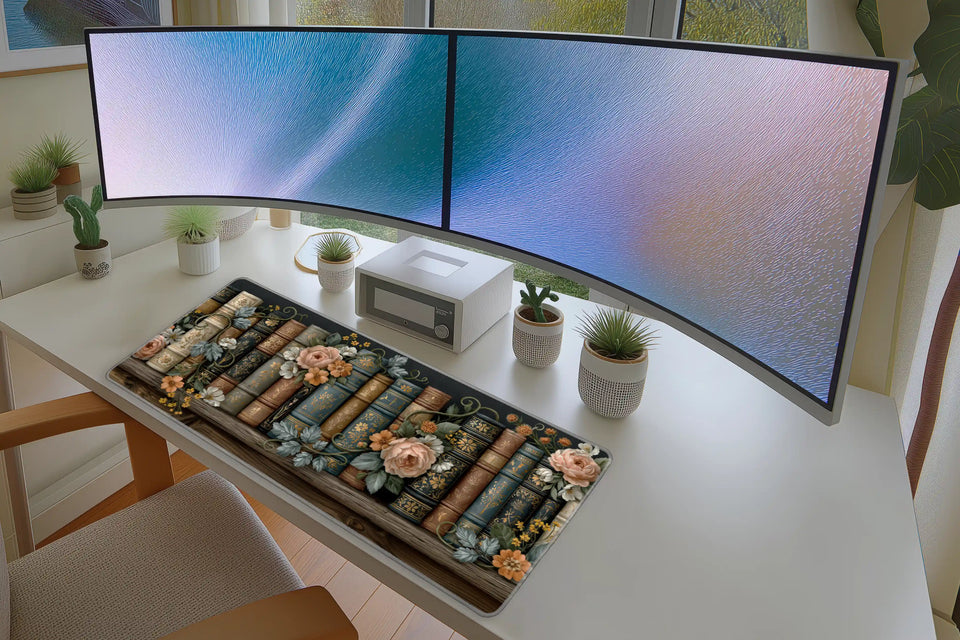 Lifestyle desk mockup of Vintage Rose Bookshelf Desk Mat | Gold Book Spines with keyboard and mouse layout
