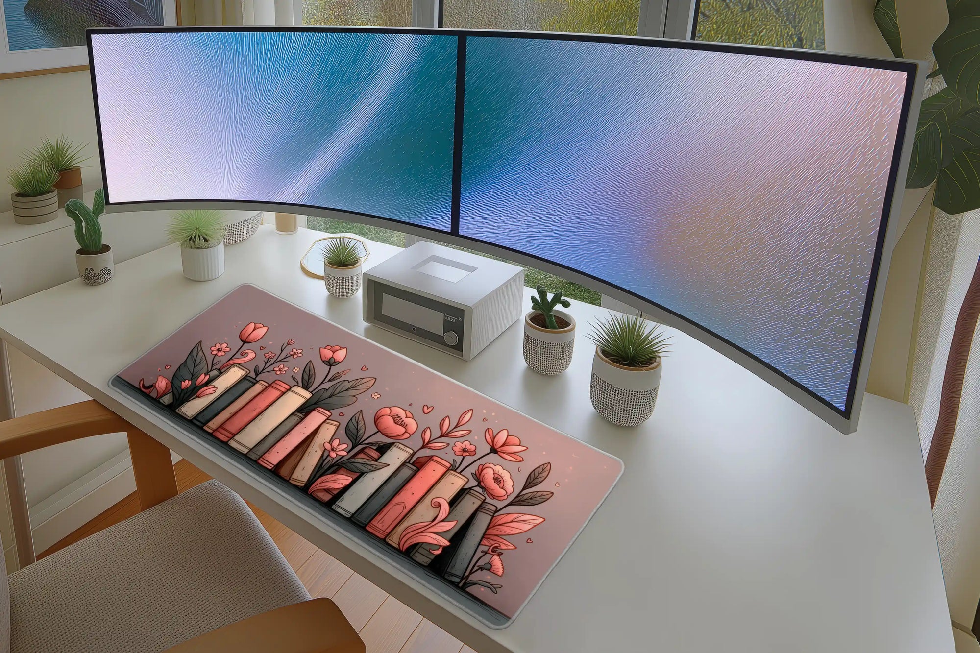 Lifestyle desk mockup of Pink Floral Books Desk Mat | Botanical Hearts with keyboard and mouse layout